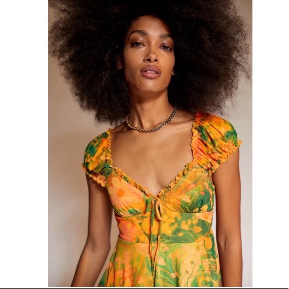 Urban Outfitters Audrey Mesh Mini Dress New Small Orange Green Puff Sleeve Cute - Picture 4 of 8